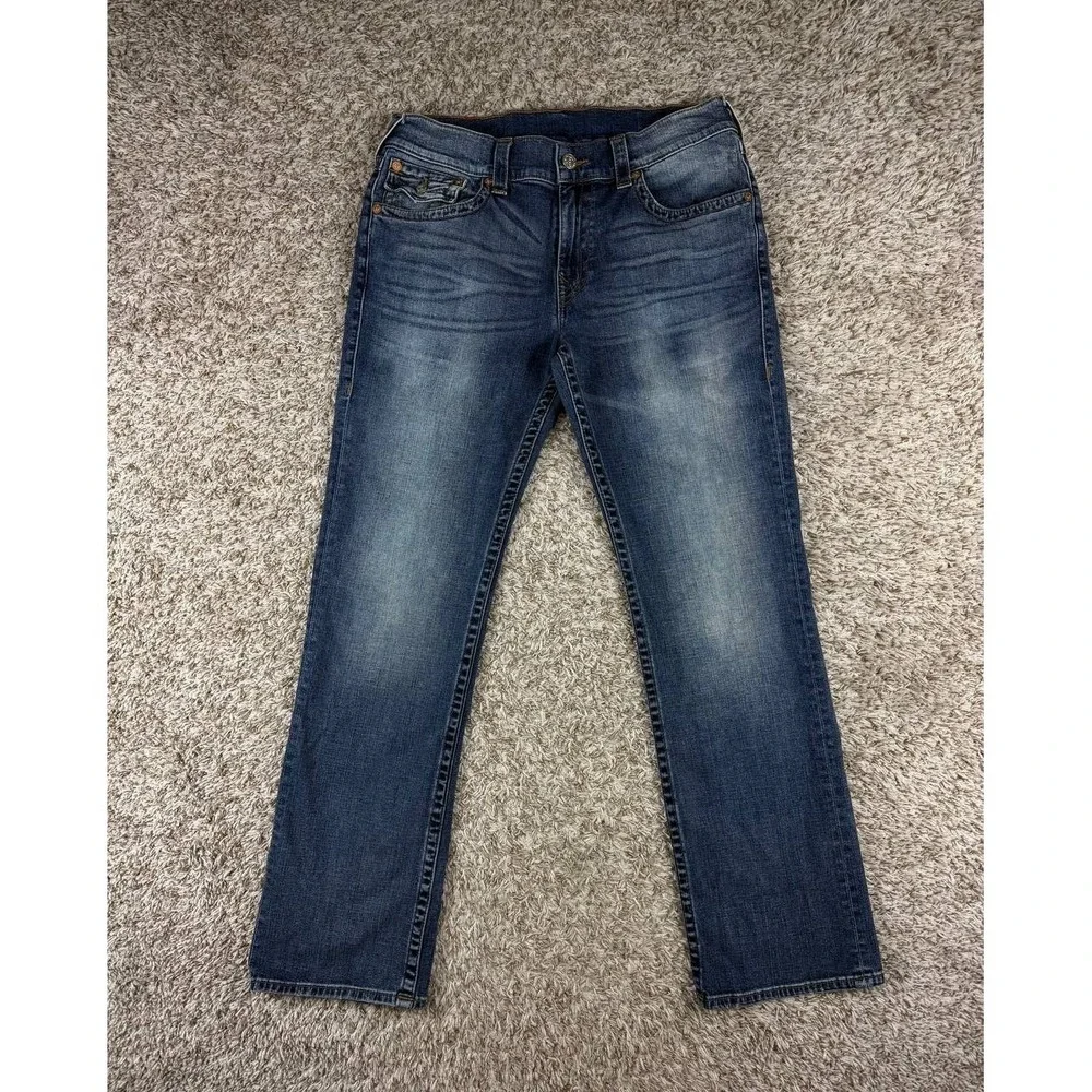 True Religion Jeans Men's 34 Straight Flap Brown Gold Stitching Blue Denim